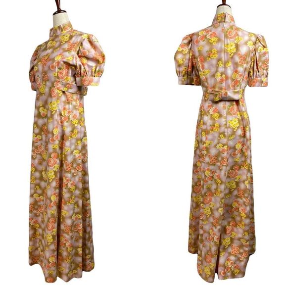 Vintage 60s Daisy Floral Puff Sleeve Mock Neck Bow Waist Belt Maxi Dress